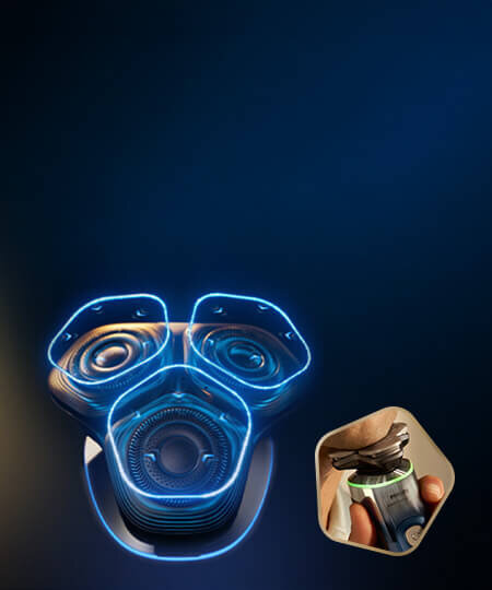 Głowice golarki z niebieskimi świetlnymi pięciokątami i strzałkami skierowanymi do wewnątrz. Obok małe zdjęcie golarki z głowicami przy twarzy i zielonym ringiem.