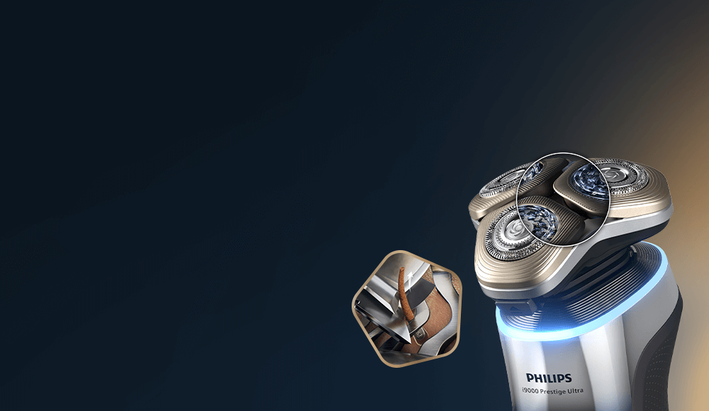 Głowice golarki. W wybranych miejscach przekrój ostrzy w powiększeniu. Obok małe zdjęcie ostrza tnącego włos.