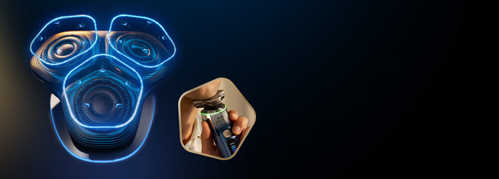 Głowice golarki z niebieskimi świetlnymi pięciokątami i strzałkami skierowanymi do wewnątrz. Obok małe zdjęcie golarki z głowicami przy twarzy i zielonym ringiem.