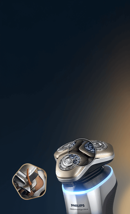 Głowice golarki. W wybranych miejscach przekrój ostrzy w powiększeniu. Obok małe zdjęcie ostrza tnącego włos.