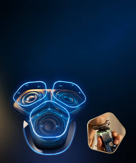 Głowice golarki z niebieskimi świetlnymi pięciokątami i strzałkami skierowanymi do wewnątrz. Obok małe zdjęcie golarki z głowicami przy twarzy i zielonym ringiem.