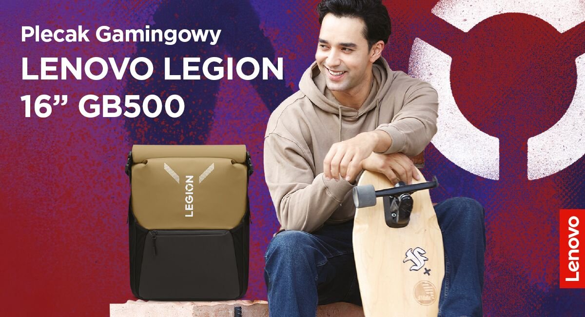 LENOVO Legion GB500 - plecak na ławce, obok mężczyzna z deskorolką