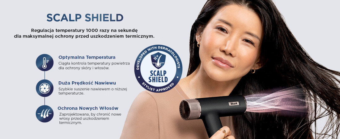 Suszarka SHARK HD752EU SpeedStyle Pro Czarny 1750W Tryb Scalp Shield Aktywacja trybu jednym przyciskiem  bezpieczna dla skóry głowy i suszenia włosów Chroni skórę głowy i nowe włosy przed uszkodzeniami temperatura czas Opracowana we współpracy z dermatologami zaaprobowany przez stylistów