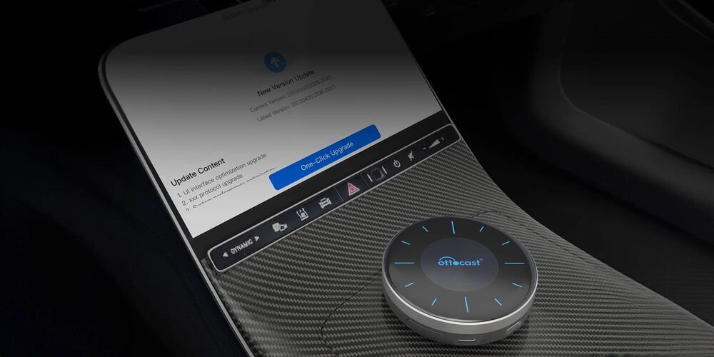Adapter OTTOCAST OttoAibox P3 Lite Android 12 Google Play OttoDrive 2.0 OS tryb podzielonego ekranu 5:5 3:7 7:3, adapter umiejscowiony na kokpicie auta