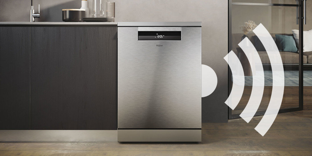 ZMYWARKA HAIER I-PRO SHINE XF 4A4M4PX AI SMART zdjęcie lifestyle ikona grafika łączność front uchylona panel kuchnia Zdalne sterowanie Wi-Fi hOn zmywarką kontrola z dowolnego miejsca Monitoruj sprawdzaj czas