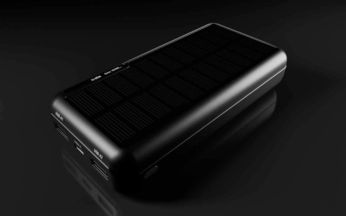 Powerbank SBS Solar Technologia Intelligent Charge szybkie ładowanie smartfonów czy tabletów maksymalnej mocy wyjściowej 10 W - powerbank na ciemnym tle pod skosem