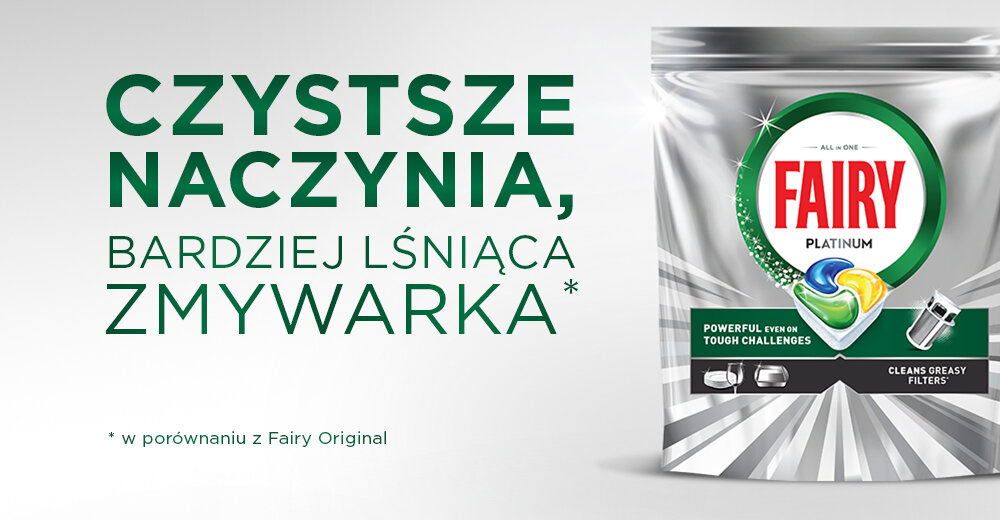 Kapsułki do zmywarki FAIRY Platinum All in One Lemon - 125 szt. Opakowanie kapsułek do zmywarki Fairy Platinum na jasnym tle z napisem: Czystsze naczynia, bardziej lśniąca zmywarka.