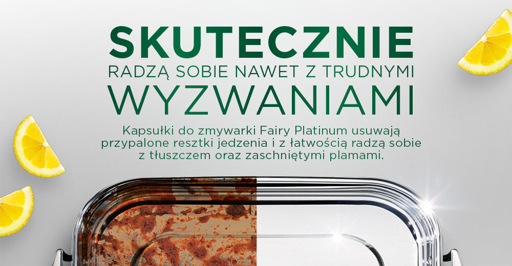 Kapsułki do zmywarki FAIRY Platinum All in One Lemon - 125 szt. Porównanie czystości naczynia żaroodpornego przed i po użyciu kapsułek Fairy Platinum usuwających przypalone resztki jedzenia i tłuszcz.