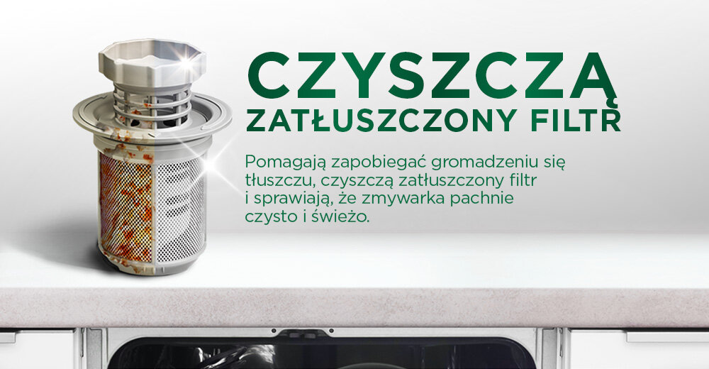 Kapsułki do zmywarki FAIRY Platinum All in One Lemon - 125 szt. Zanieczyszczony i lśniący filtr do zmywarki po umyciu tabletkami Fairy Platinum, które zapobiegają gromadzeniu się tłuszczu.