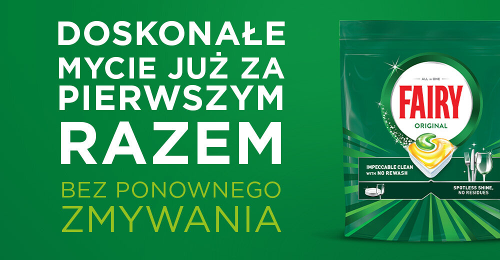 Kapsułki do zmywarki FAIRY Platinum Plus All in One Lemon - 132 szt. Opakowanie kapsułek do zmywarki Fairy Original na zielonym tle z napisem: Doskonałe mycie już za pierwszym razem bez ponownego zmywania
