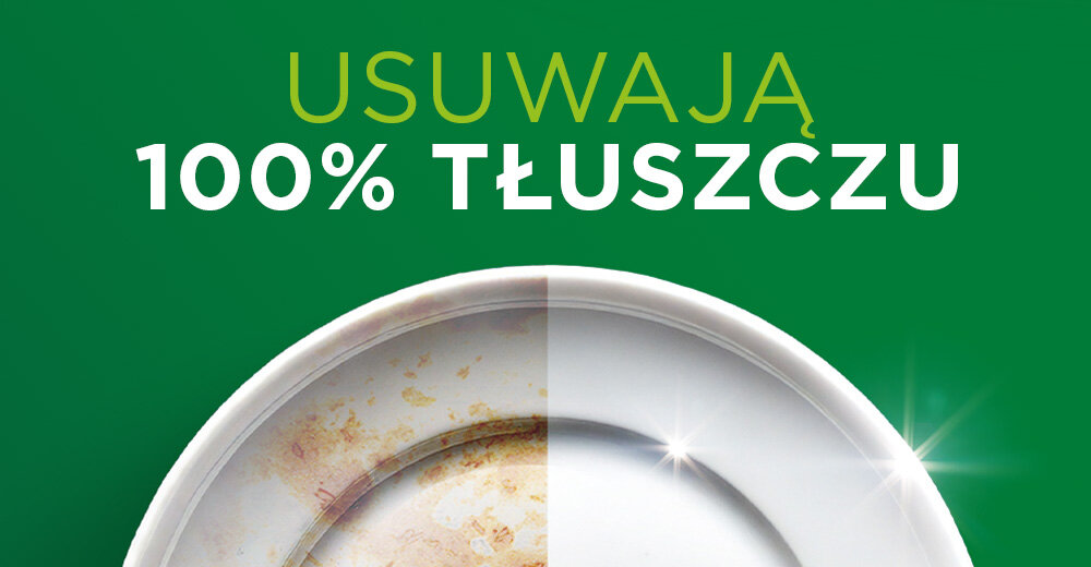 Kapsułki do zmywarki FAIRY Platinum Plus All in One Lemon - 132 szt. Porównanie brudnego, tłustego talerza z czystym i lśniącym po umyciu. Napis: Usuwają 100% tłuszczu
