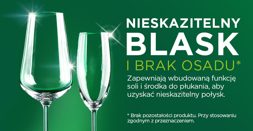 Kapsułki do zmywarki FAIRY Platinum Plus All in One Lemon - 132 szt. Dwa lśniące, krystalicznie czyste kieliszki na zielonym tle. Napis: Nieskazitelny blask i brak osadu dzięki funkcji soli i nabłyszczacza