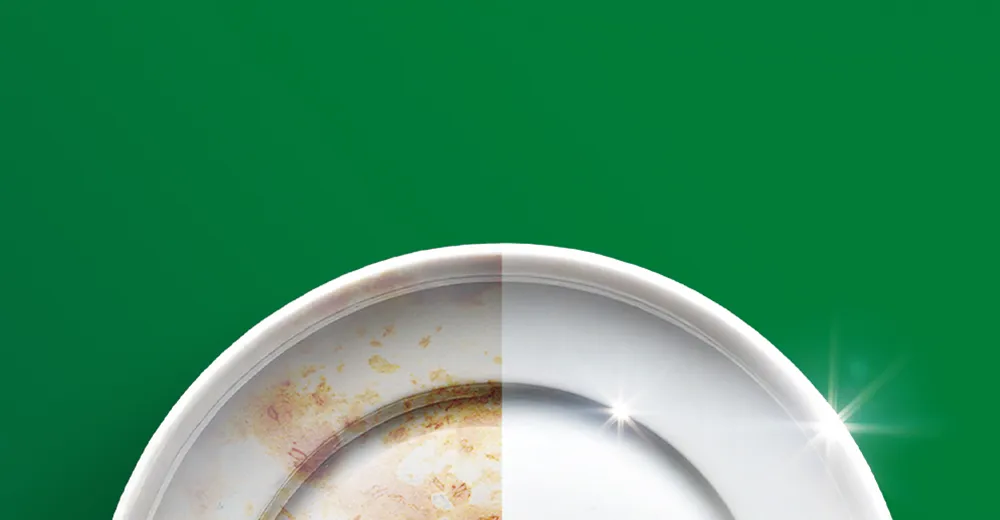 Talerz w połowie zabrudzony tłuszczem, w połowie czysty i błyszczący.