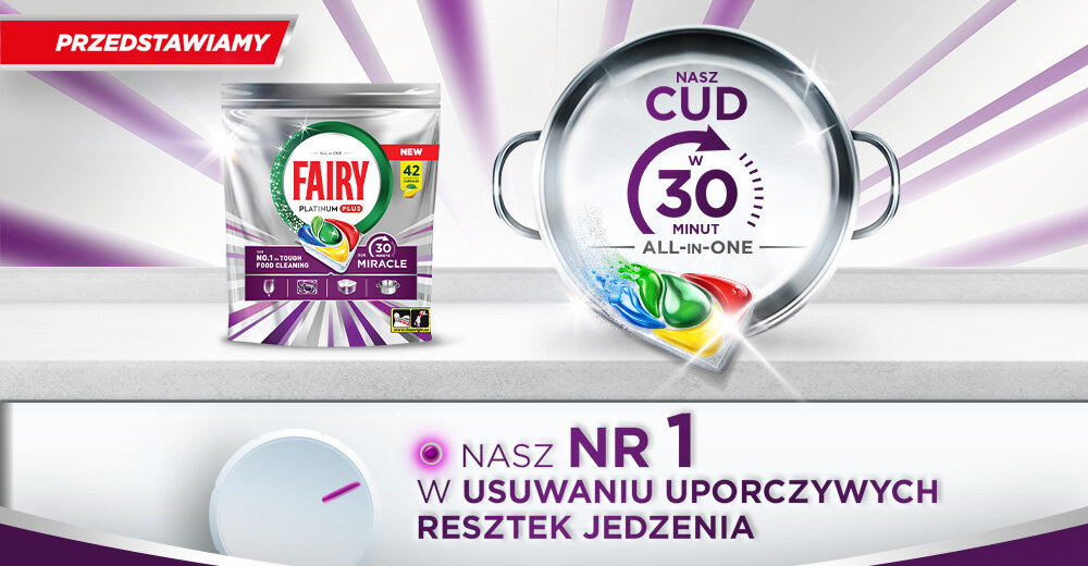 Kapsułki do zmywarki FAIRY Platinium Plus All In One 30 Minut Miracle - 74 szt. Opakowanie kapsułek Fairy Platinum Plus 42 sztuki obok lśniącej patelni z napisem „Nasz cud w 30 minut All-in-one” – produkt nr 1 w usuwaniu uporczywych resztek jedzenia.