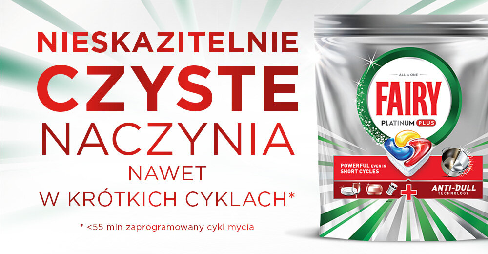 Kapsułki do zmywarki FAIRY Platinum Plus All in One Lemon - 88 szt. Opakowanie kapsułek do zmywarki Fairy Original na zielonym tle. Napis: Doskonałe mycie już za pierwszym razem bez ponownego zmywania