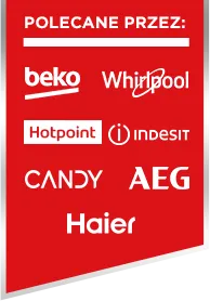 Grafika z napisem 'Polecane przez' oraz logami marek: Beko, Whirlpool, Hotpoint, Indesit, Candy, AEG, Haier
