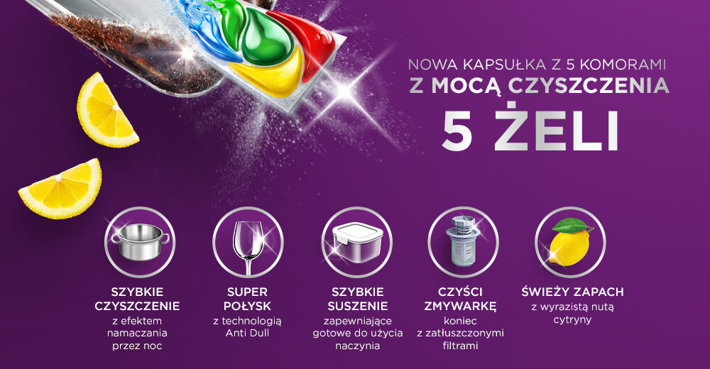 Kapsułki do zmywarki FAIRY Platinium Plus All In One 30 Minut Miracle - 20 szt. Pięciokomorowa kapsułka Fairy Platinum Plus z mocą czyszczenia 5 żeli zapewniająca szybkie suszenie, super połysk Anti-Dull oraz świeży cytrynowy zapach
