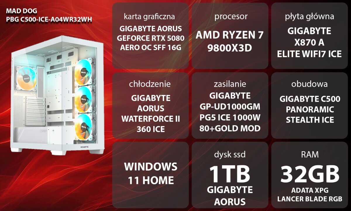 Komputer MAD DOG GeForce RTX5080 DLSS 4 Reflex Edition 2 Powered by Gigabyte C500-ICE-A04WR32WH Biała obudowa komputera z lewej strony z perforowanym frontem oraz przezroczystym panelem bocznym po prawej. Wewnątrz widać kilka wentylatorów RGB zamontowanych z przodu i z tyłu, przeznaczenie, podzespoły, testy