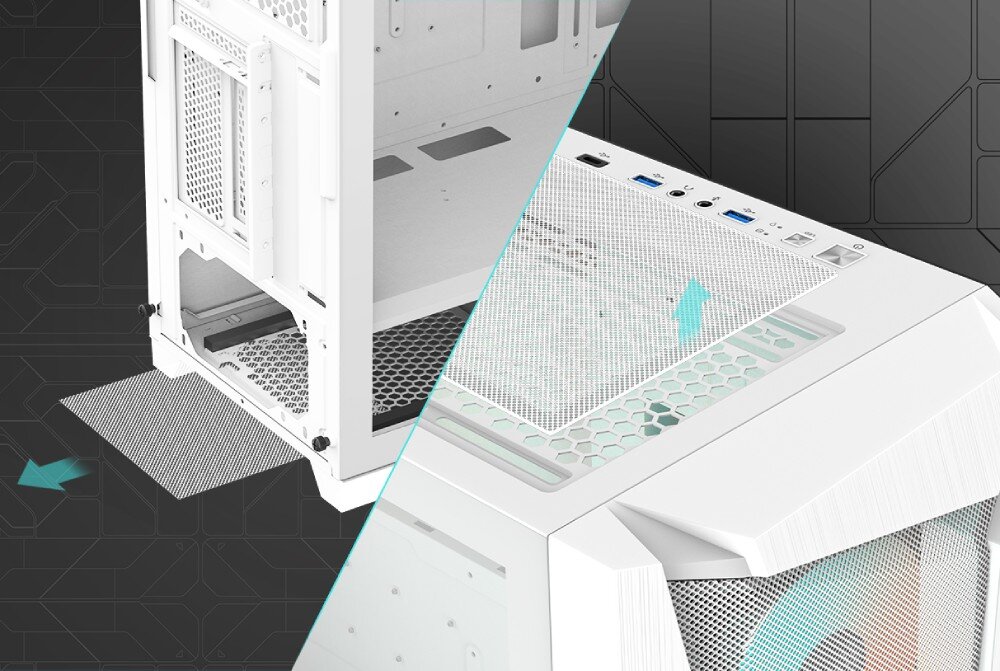 Komputer MAD DOG GeForce RTX5070 DLSS 4 Reflex Edition 2 Powered by Gigabyte AORUS301WH-A04DR32 Dwa zbliżenia na filtry przeciwkurzowe w obudowie komputera – jeden z dołu, drugi z góry, z widocznym panelem I/O, obudowa, wygląd, wentylacja, szklany bok, filtry, porty
