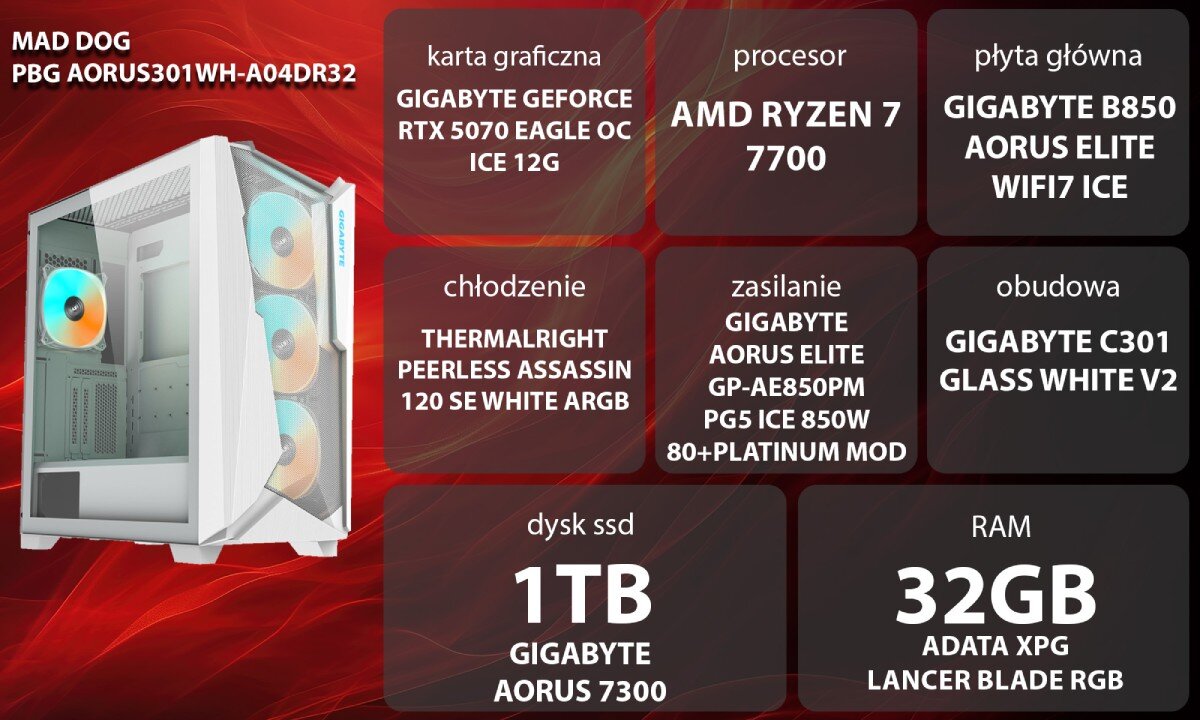 Komputer MAD DOG GeForce RTX5070 DLSS 4 Reflex Edition 2 Powered by Gigabyte AORUS301WH-A04DR32 Widok zewnętrzny białej obudowy komputera z przezroczystym panelem bocznym i trzema wentylatorami RGB z przodu, podzespoły, testy