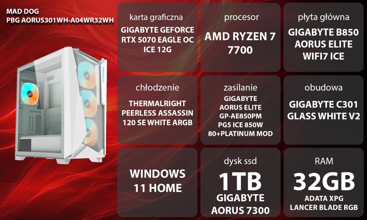Komputer MAD DOG GeForce RTX5070 DLSS 4 Reflex Edition 2 Powered by Gigabyte AORUS301WH-A04WR32WH Widok zewnętrzny białej obudowy komputera z przezroczystym panelem bocznym i trzema wentylatorami RGB z przodu, podzespoły, testy