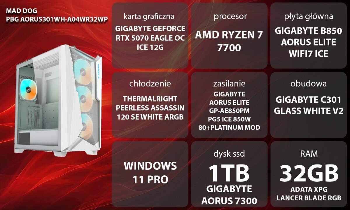 Komputer MAD DOG GeForce RTX5070 DLSS 4 Reflex Edition 2 Powered by Gigabyte AORUS301WH-A04WR32WP Widok zewnętrzny białej obudowy komputera z przezroczystym panelem bocznym i trzema wentylatorami RGB z przodu, podzespoły, testy