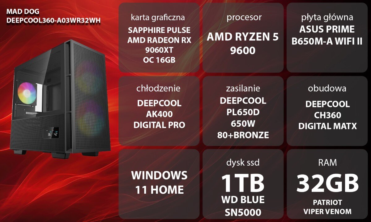 Komputer MAD DOG DEEPCOOL360-A03WR32WH Grafika przedstawiająca specyfikację komputera, z podziałem na podzespoły. W lewej części znajduje się model komputera, a obok niego informacje o podzespołach, opis