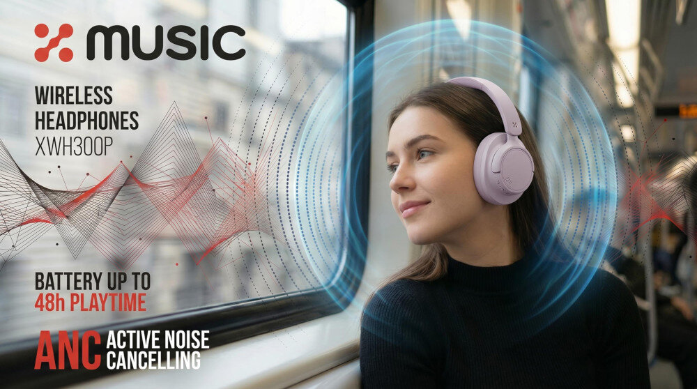 Osoba w różowych słuchawkach siedzi przy oknie w pociągu. Na obrazie widoczny jest tekst: \'MUSIC\', \'WIRELESS HEADPHONES XWH300P\', \'BATTERY UP TO 48h PLAYTIME\', \'ANC ACTIVE NOISE CANCELLING\'.