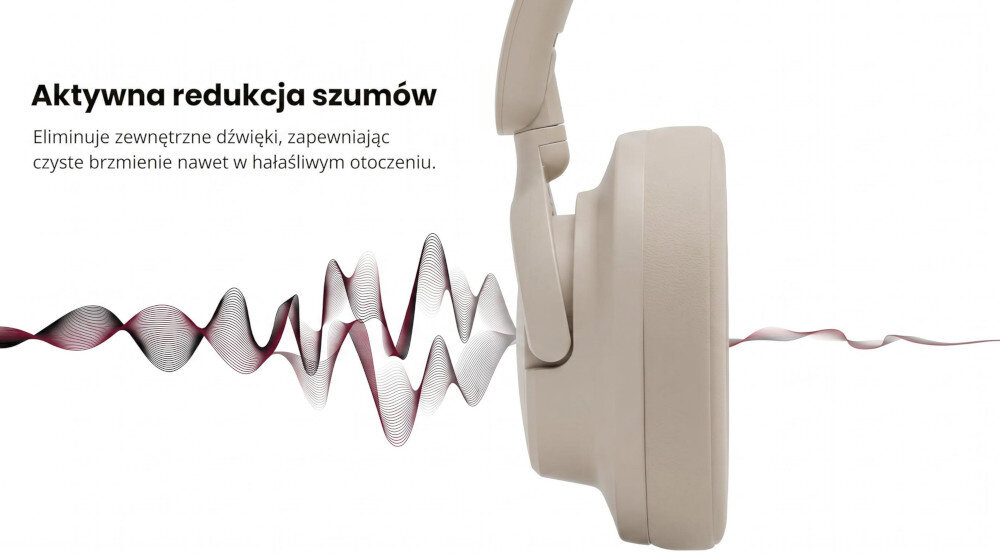 Obraz przedstawia kremowe słuchawki nauszne z falami dźwiękowymi obok. Tekst na obrazie: \'Aktywna redukcja szumów. Eliminuje zewnętrzne dźwięki, zapewniając czyste brzmienie nawet w hałaśliwym otoczeniu.\'