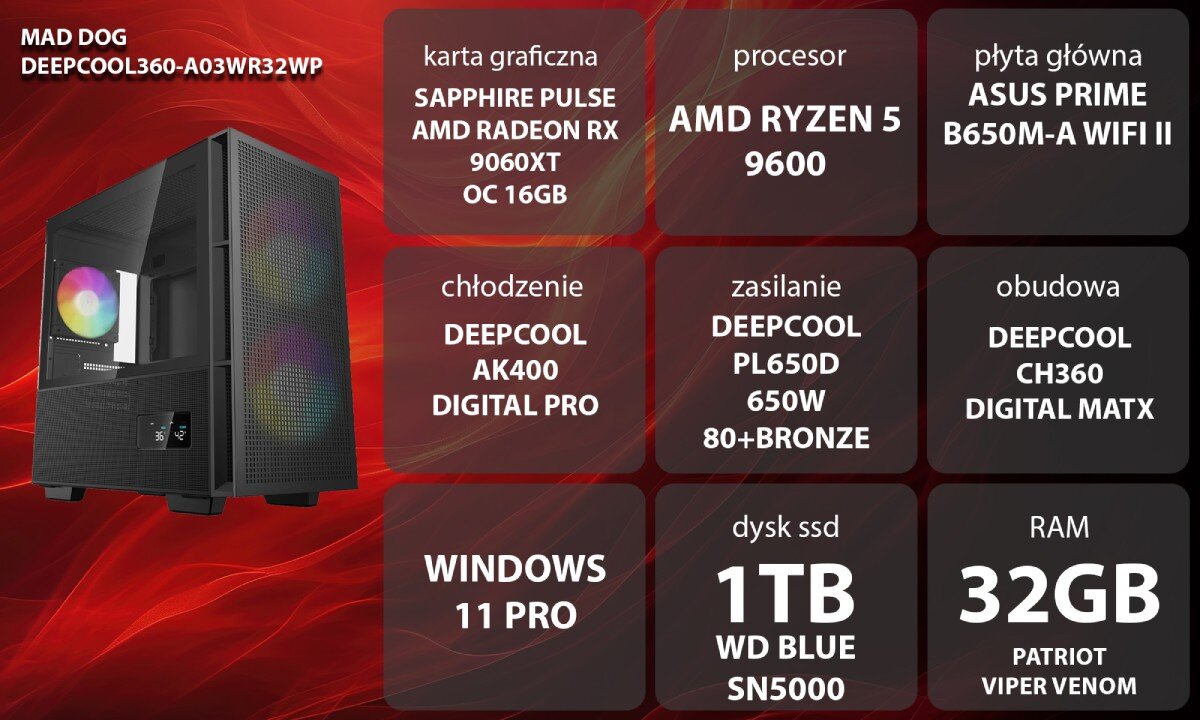 Komputer MAD DOG DEEPCOOL360-A03WR32WP Grafika przedstawiająca specyfikację komputera, z podziałem na podzespoły. W lewej części znajduje się model komputera, a obok niego informacje o podzespołach, opis