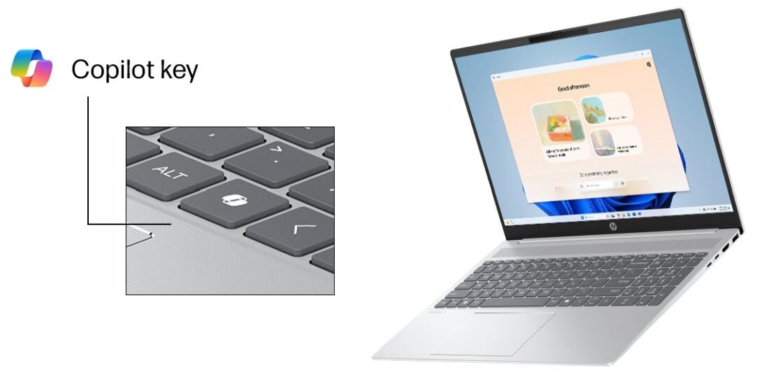 Laptop HP OmniBook 5 16-BC1 z klawiszem Copilot na klawiaturze i interfejsem AI widocznym na ekranie - Silnik AMD Ryzen AI, klawisz Copilot