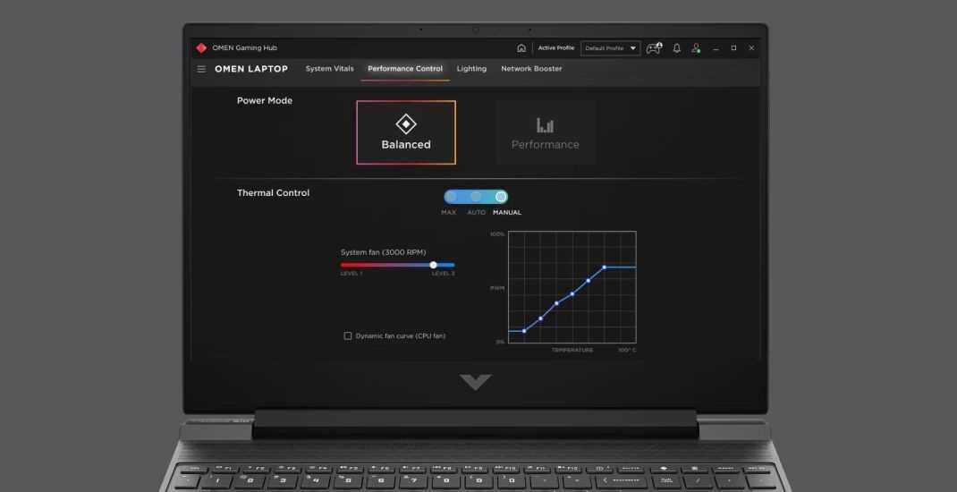 Laptop HP Victus 15 - Ekran laptopa pokazujący interfejs OMEN Gaming Hub.  OMEN Gaming Hub  