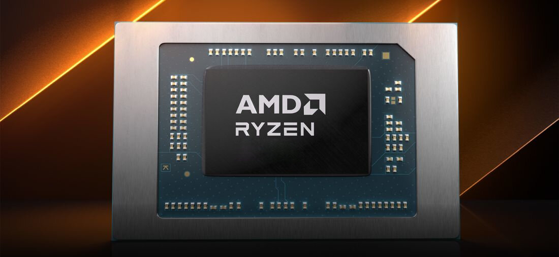 Logo procesora AMD Ryzen na pomarańczowym tle z graficznymi elementami kwadratów i wzorów - AMD Ryzen, Pamięć RAM DDR5, Dysk SSD 