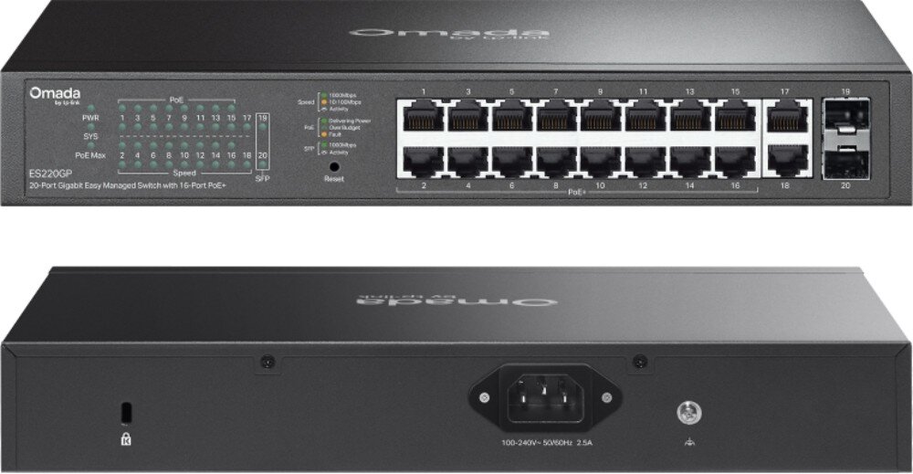 Switch TP-LINK Omada ES220GP Dwa widoki przełącznika sieciowego przedstawiające przedni panel z licznymi portami ethernet oraz tylny panel z gniazdem zasilania i uziemieniem, architektura, prędkość, szybkość