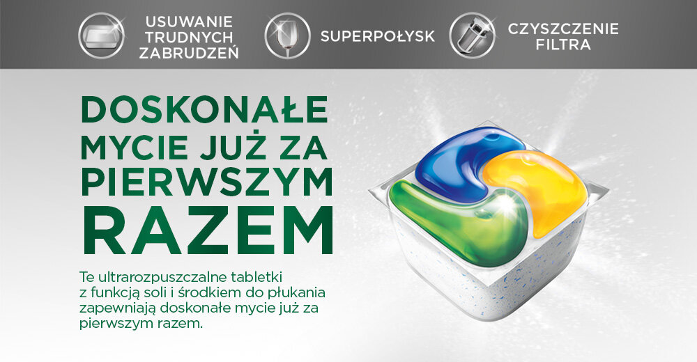 Kapsułki do zmywarki FAIRY Platinum All in One Lemon - 81 szt. Trójkolorowa kapsułka Fairy Platinum z funkcją soli i nabłyszczacza zapewniająca doskonałe mycie naczyń już za pierwszym razem.