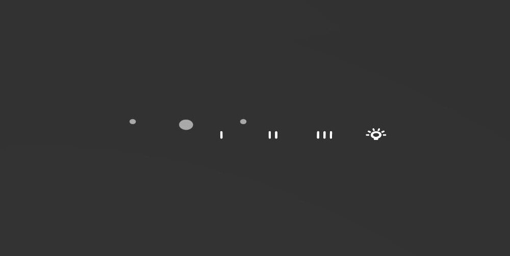 Obraz przedstawia ciemny panel z białymi symbolami: kropki, cyfry \'I\', \'II\', \'III\' oraz ikonę słońca.