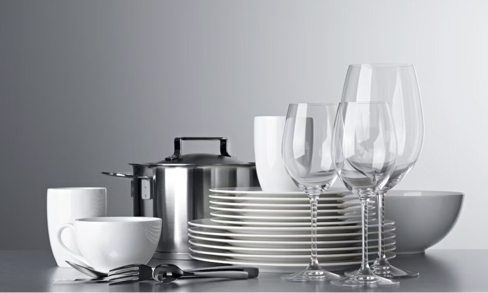 ZMYWARKA MIELE G 5851 SCVi Active Plus Zdjęcie przedstawia elegancki zestaw naczyń: białe talerze, miski i kubki ustawione obok stalowego garnka oraz zestawu kieliszków. Kompozycja podkreśla czystość, połysk i różnorodność naczyń, tworząc wrażenie estetycznego porządku Automatic codzienne zmywanie średnie zabrudzenia naczynia mieszane