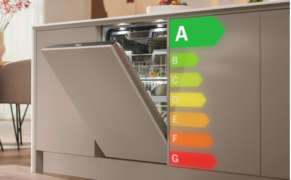 ZMYWARKA MIELE G 5862 SCVi Active Plus S djęcie przedstawia zmywarkę w zabudowie częściowo otwartą, z widocznymi naczyniami ułożonymi w koszach. Po prawej stronie umieszczono kolorową skalę efektywności energetycznej, na której urządzenie oznaczono najwyższą klasą „A”, podkreślając jego oszczędność efektywność energetyczna A niskie zużycie energii oszczędność wody ekologia