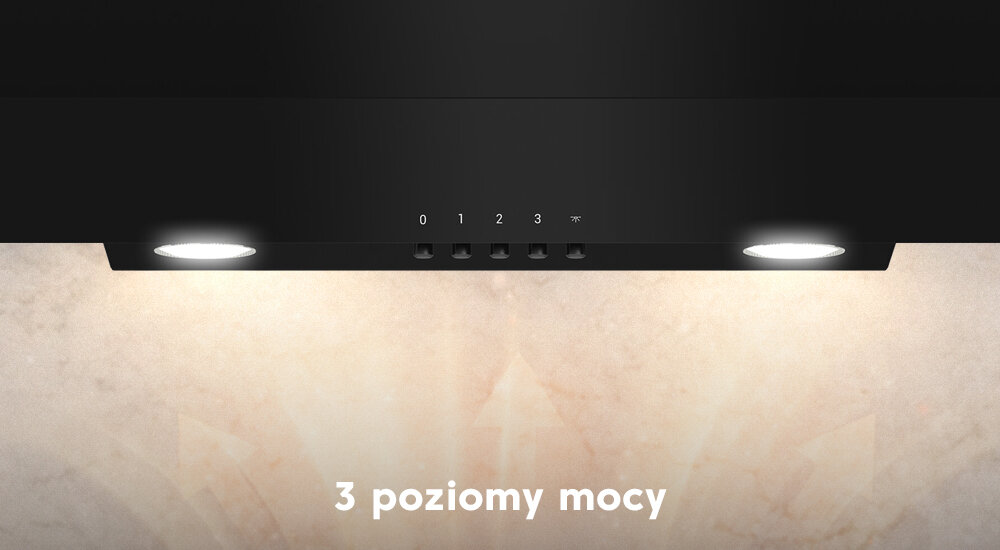 OKAP BEKO BHCA62332BH Na zdjęciu widać dolną część okapu kuchennego z podświetleniem LED oraz widocznymi przyciskami wyboru trzech poziomów mocy. Grafika podkreśla funkcjonalność urządzenia i jego możliwość dostosowania intensywności pracy świeże powietrze trzy poziomy mocy dopasowanie pracy tryb delikatny codzienne gotowanie maksymalna moc szybkie usuwanie opary zapachy przyjemna kuchnia