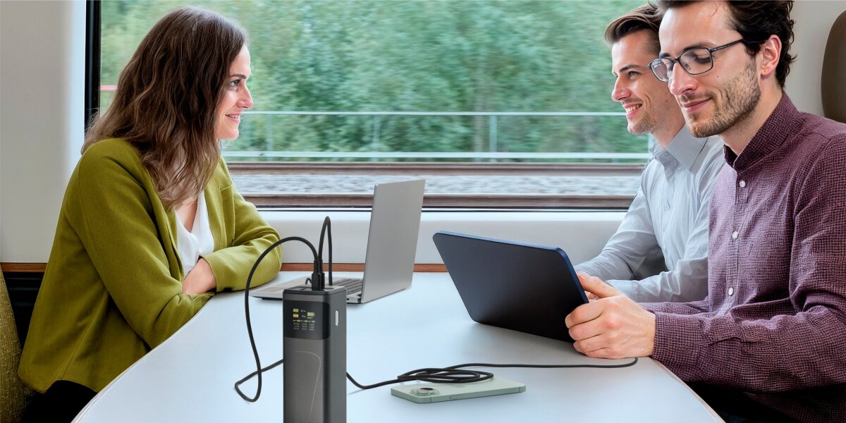 Powerbank Hama (Powerstation) ładujący laptop i smartfon podczas podróży pociągiem. Trzy osoby siedzą przy stole, a stacja zasilania jest centralnie umieszczona i podłączona do urządzeń. W tle widać krajobraz za oknem.