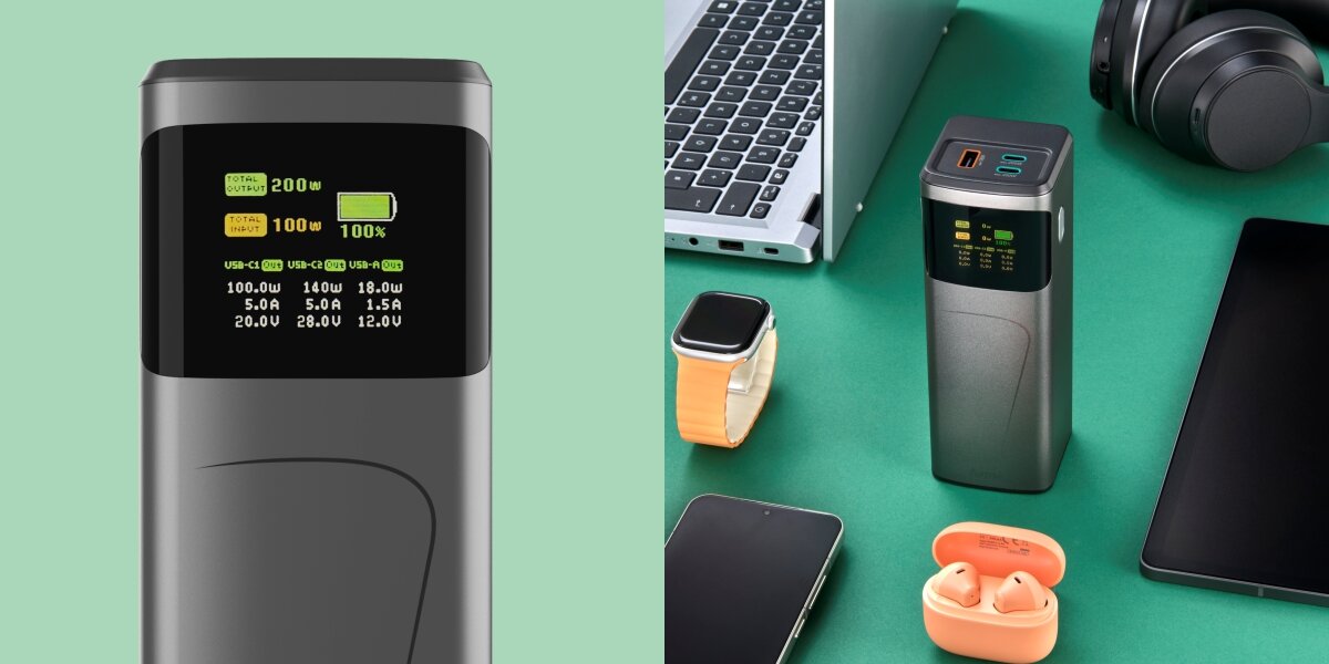 Zbliżenie na wyświetlacz Powerbanku Hama (Powerstation) z widocznymi danymi: Total Output 200W, Total Input 100W i 100% baterii. Informacje o napięciach i natężeniach dla portów USB-C1, USB-C2 i USB-A. Obok Powerbanku leżą smartfon, smartwatch, słuchawki bezprzewodowe i tablet.