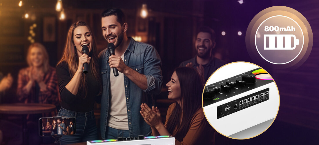 MUSICMATE MM-SC600 SonicPulse efekty audio na żywo 28 filtrów, osoby stojące przed zestawem trzymające mikrofony w ręku