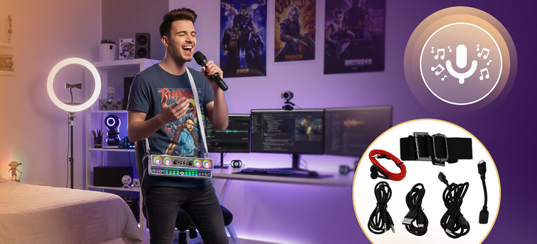 MUSICMATE MM-SC600 SonicPulse podłączenia mikrofony OTG USB-C, osoba z mikrofonem w ręku w pomieszczeniu