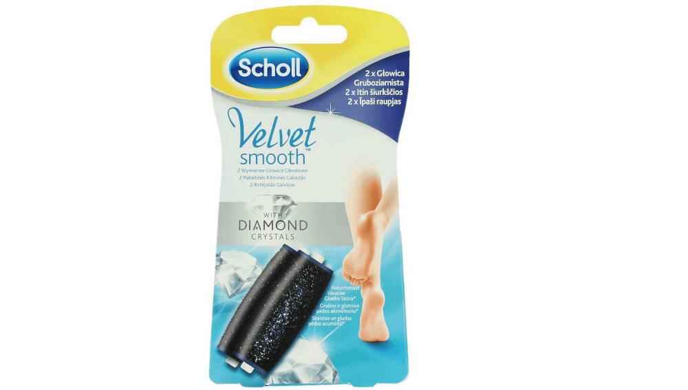 SCHOLL-Velvet-Smooth-Diamond-Crystal głowice obrotowe wygładzające zmiękczają naskórek sucha mokra skóra piękne stopy kryształki diamentu działanie złuszczające efektywnie delikatnie