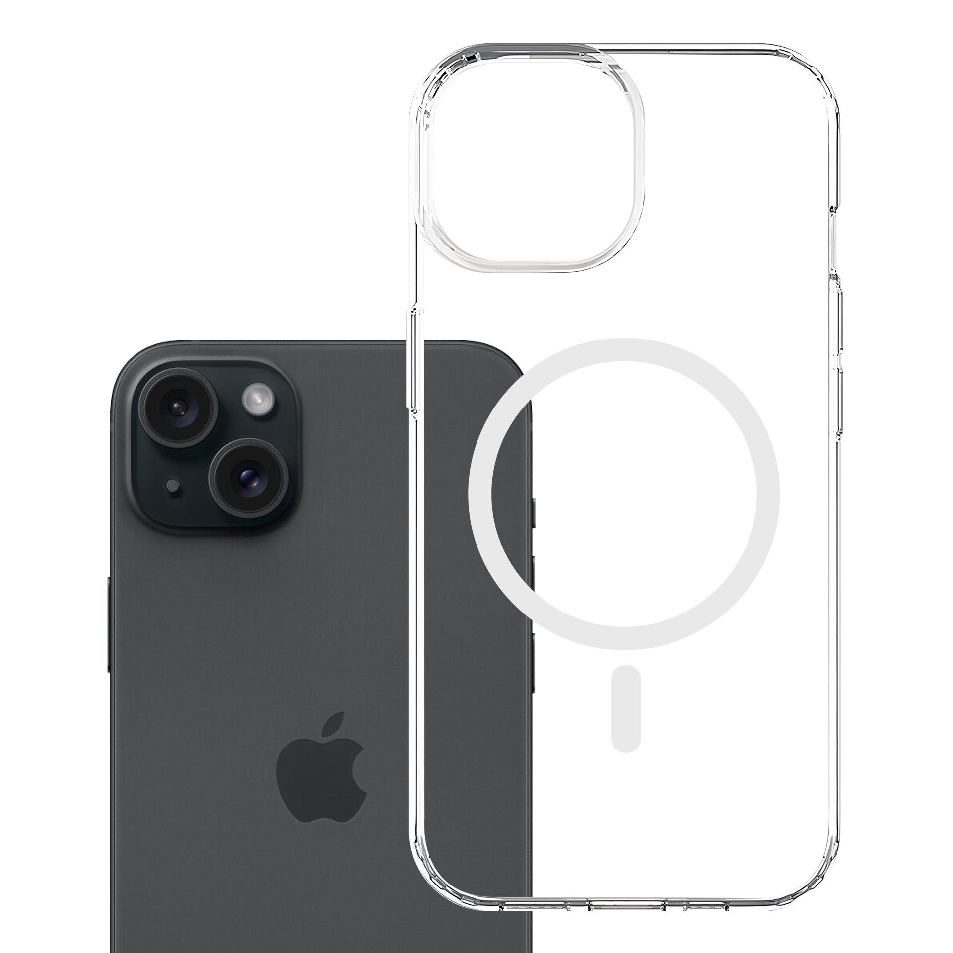 Na obrazie widoczny jest czarny smartfon z logo w kształcie jabłka oraz przezroczyste etui z okrągłym wzorem na środku. Smartfon ma dwa obiektywy aparatu i błyszczące wykończenie.