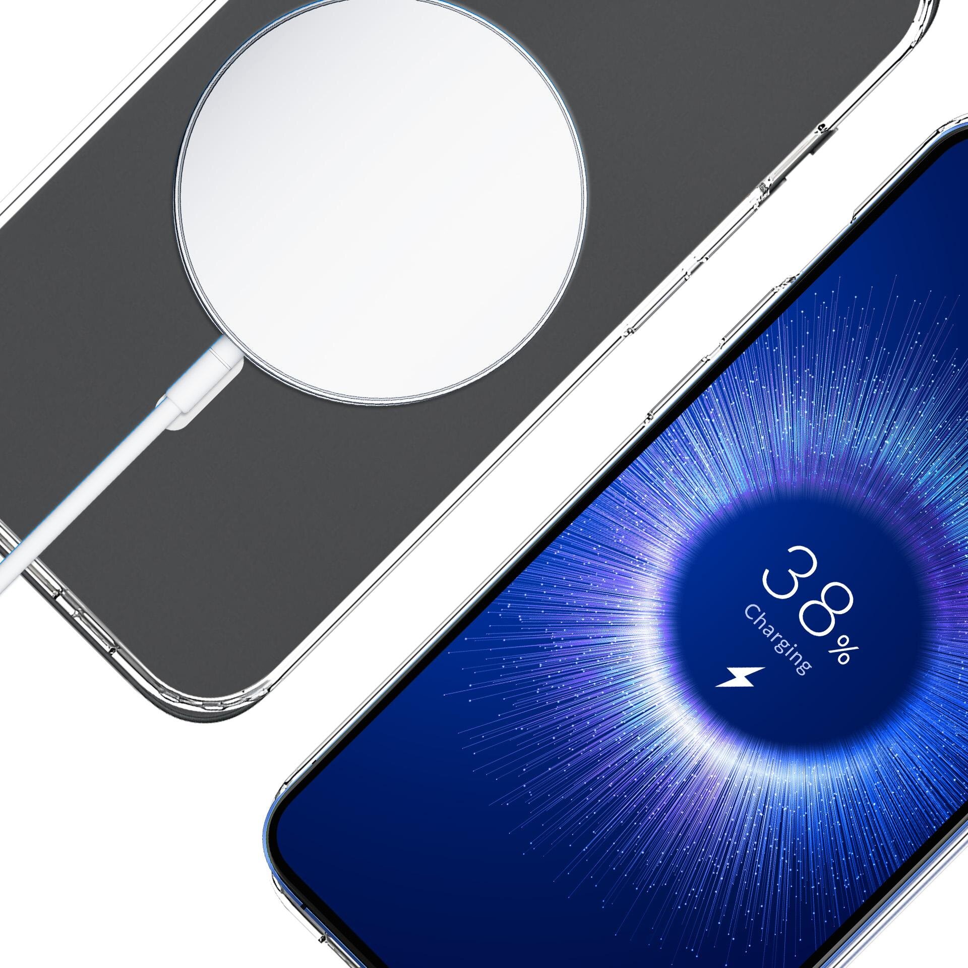 Obraz przedstawia telefon z widocznym ekranem, na którym wyświetla się napis \'38% Charging\'. Obok telefonu znajduje się okrągłe urządzenie przypominające ładowarkę bezprzewodową.