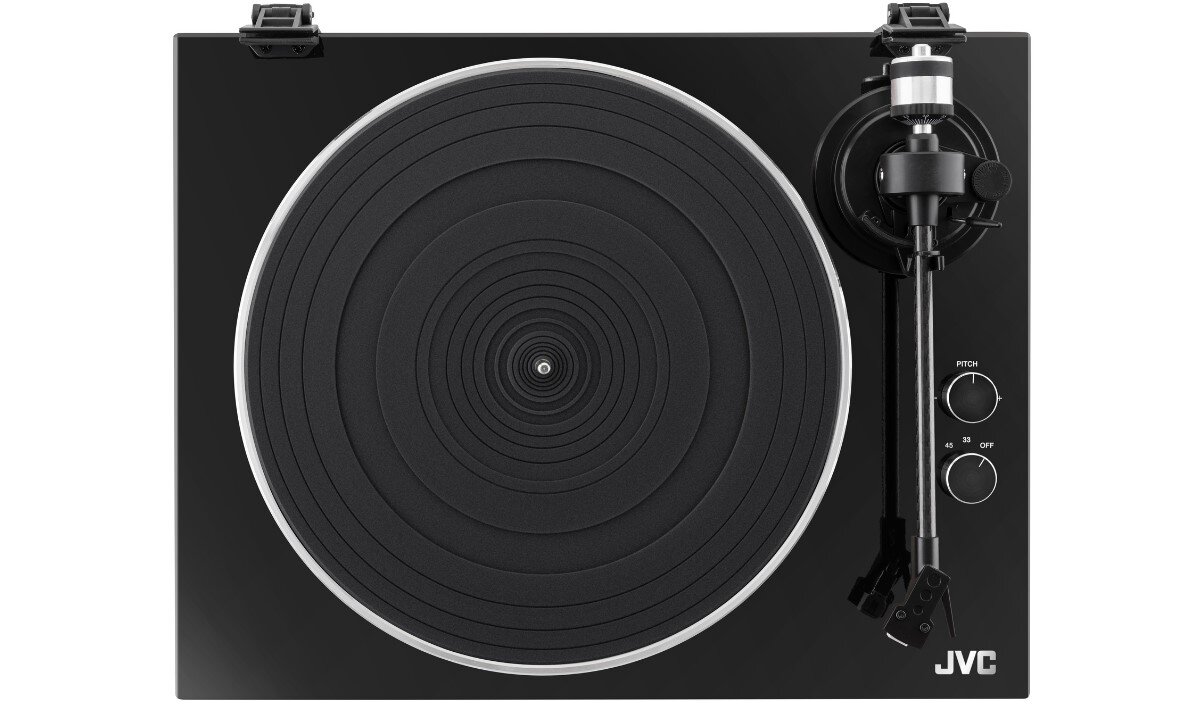 Gramofon JVC AL-E534B elegancka obudowa fortepianowa czerń analogowe brzmienie, gramofon od góry na białym tle