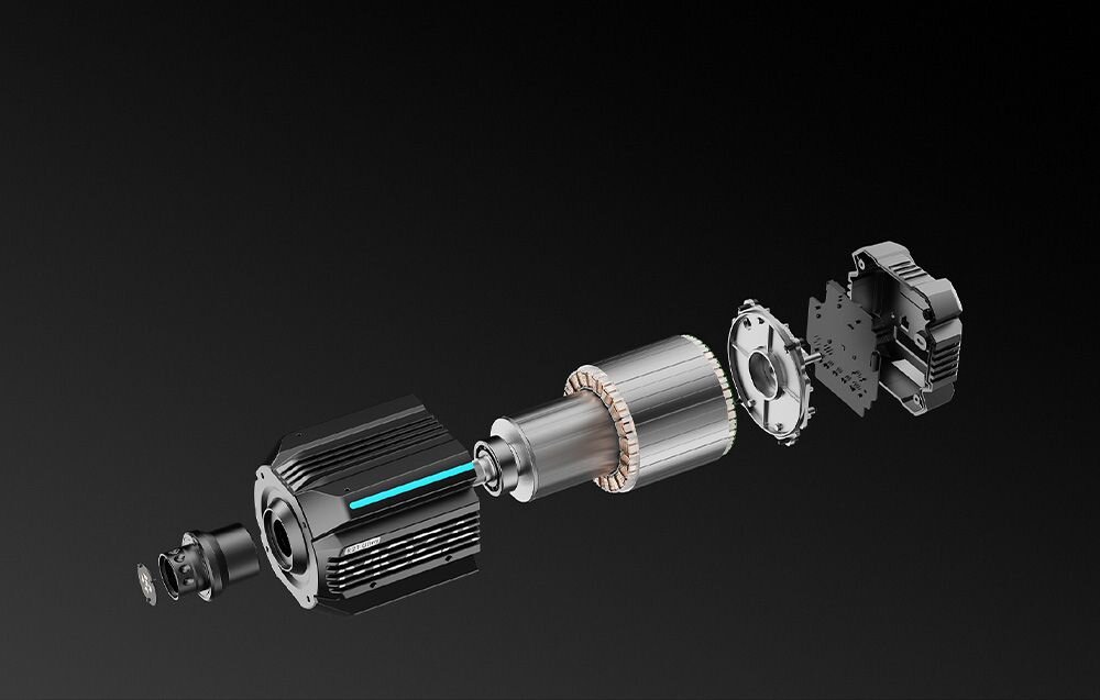 Baza kierownicy MOZA RACING R21 Direct Drive Schemat eksplodujący pokazujący wewnętrzne komponenty, silnik i obudowę bazy Direct Drive obudowa aluminium CNC trwałość mechanizm szybkiego montażu ekosystem MOZA