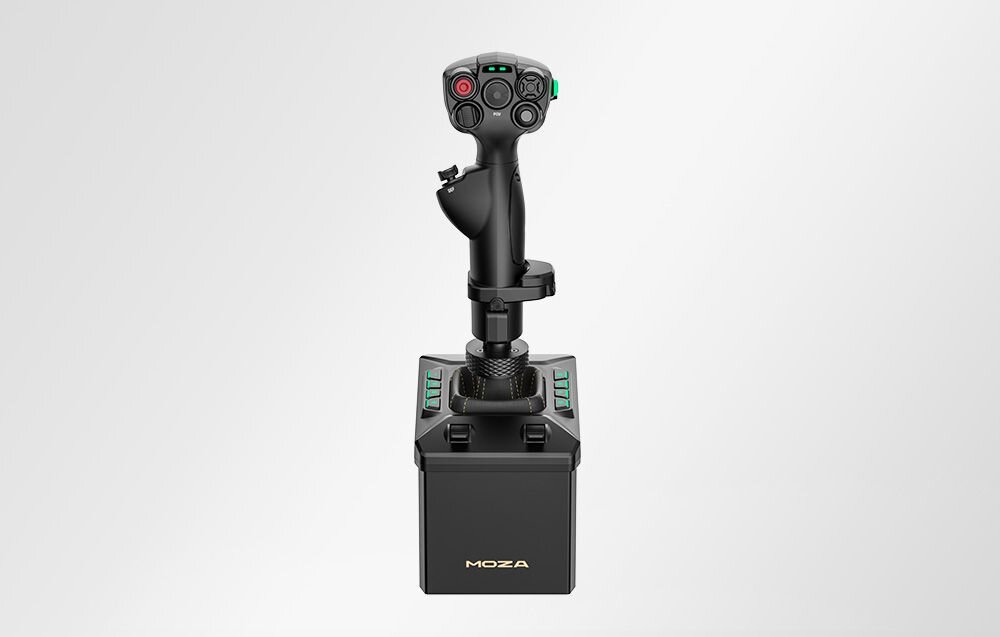 Symulator lotu MOZA RACING AB6 Kompletny joystick Moza AB6 w widoku od przodu, prezentujący ergonomiczny chwyt oraz panel sterowania na podstawie.
