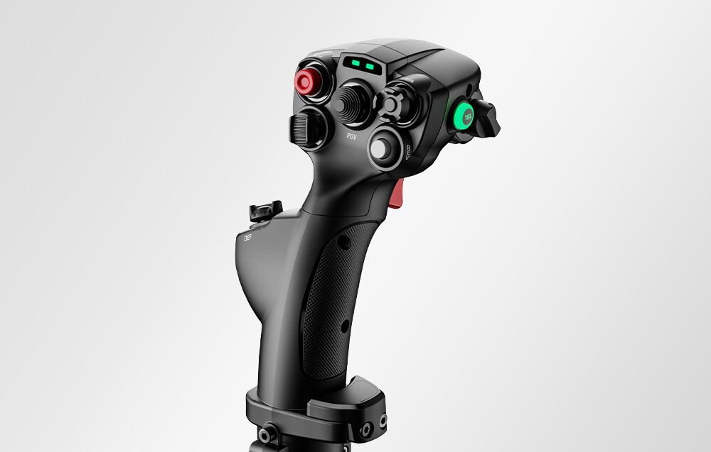 Symulator lotu MOZA RACING AB6 Zbliżenie na głowicę drążka Moza AB6 z licznymi przełącznikami typu hat-switch, przyciskami POV i podświetlanym przyciskiem TGL bezszczotkowy silnik 15-bitowy enkoder magnetyczny realistyczne odwzorowanie sił działających na drążek